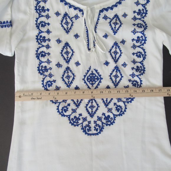 Lulus Womens Sz. S Long Sleeve Embroidered Tie Neck Boho Mini Dress White Blue - Picture 7 of 12